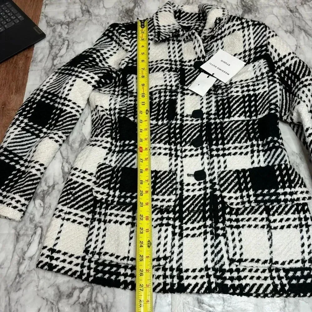 Massimo Dutti Black White textured Studio Jacket Plaid Coat size Small NWT